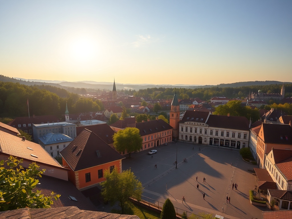 Widok na rynek w Dzierżoniowie z ratuszem i zabytkowymi kamienicami.